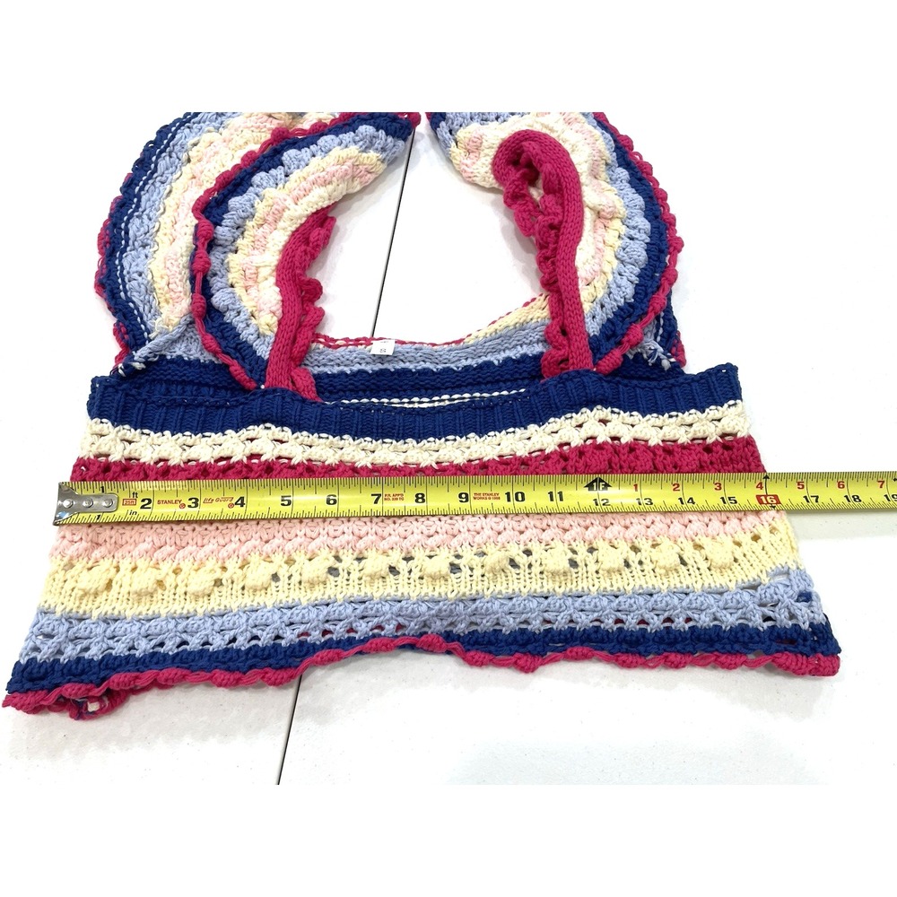 Crochet Crop Top Women's Small Multicolor Ruffle Sleeve Striped Knit - Picture 5 of 7